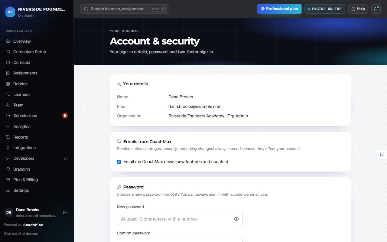 Account & security page