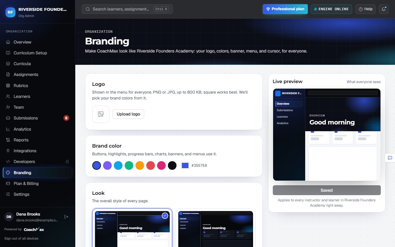 The Branding page with a live preview