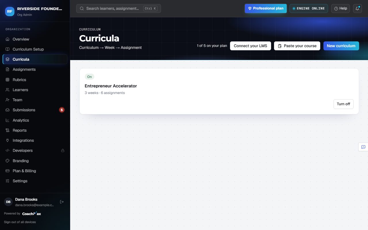 The Curricula page listing curricula
