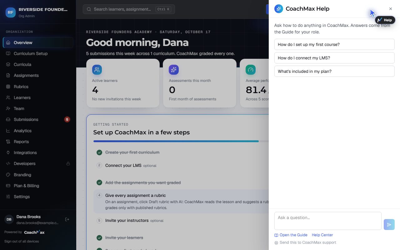 The CoachMax Help panel