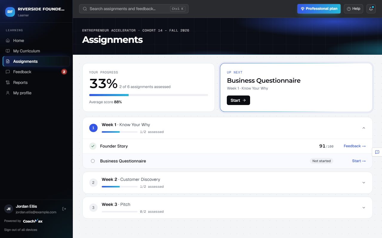 A learner's Assignments page
