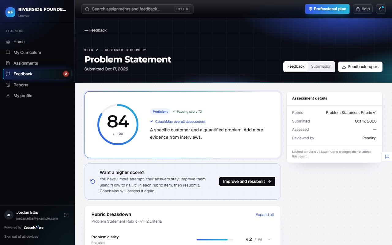 A learner's feedback with scores and next steps