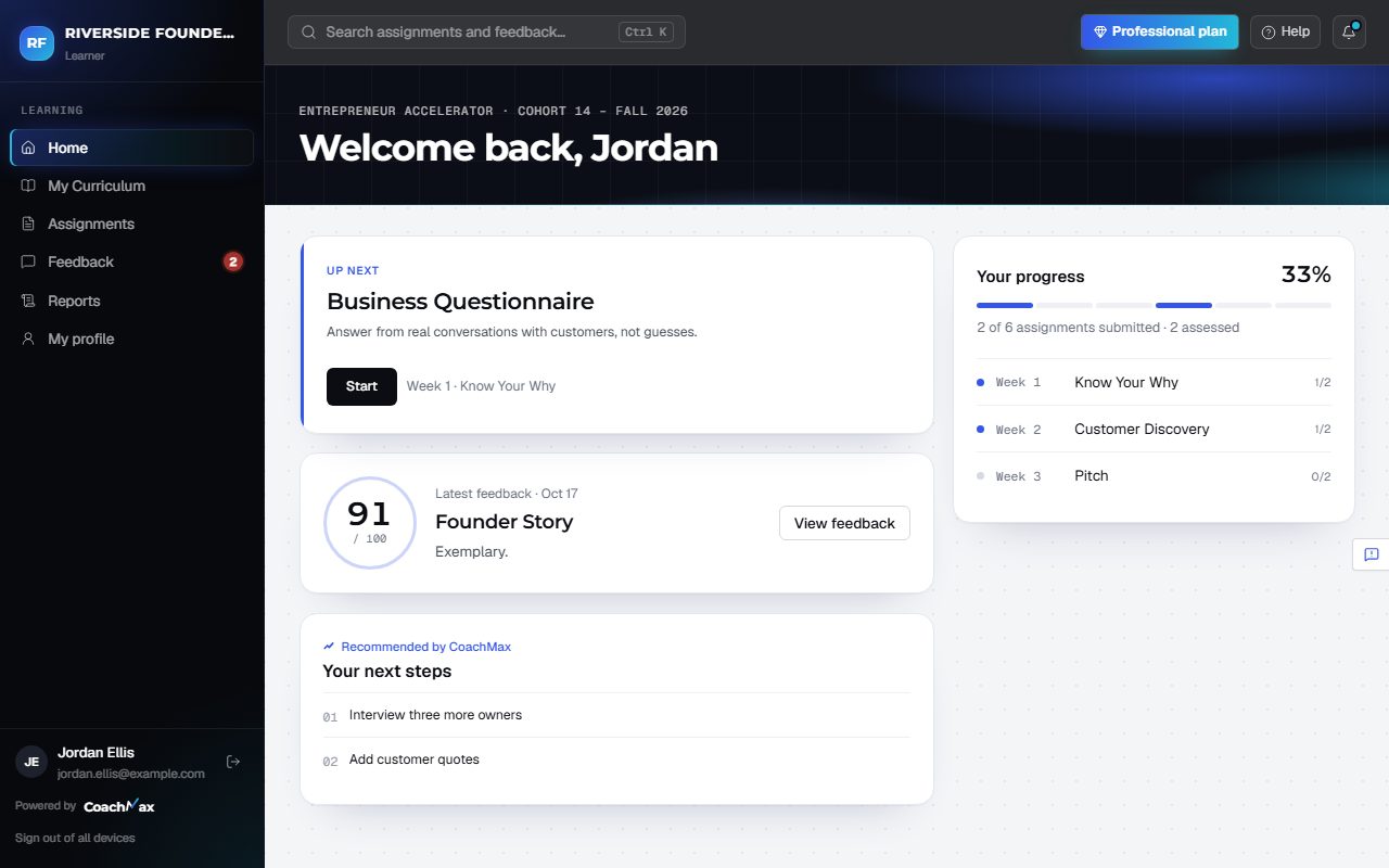 A learner's Home page