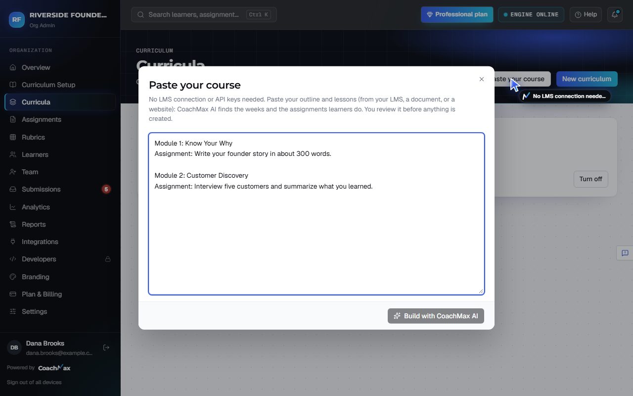 The Paste your course window