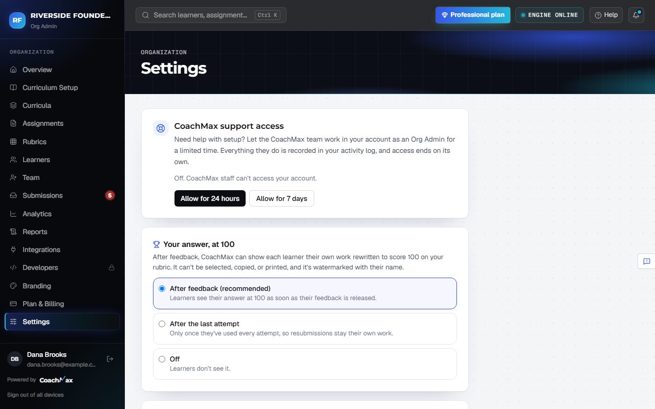 The Settings page